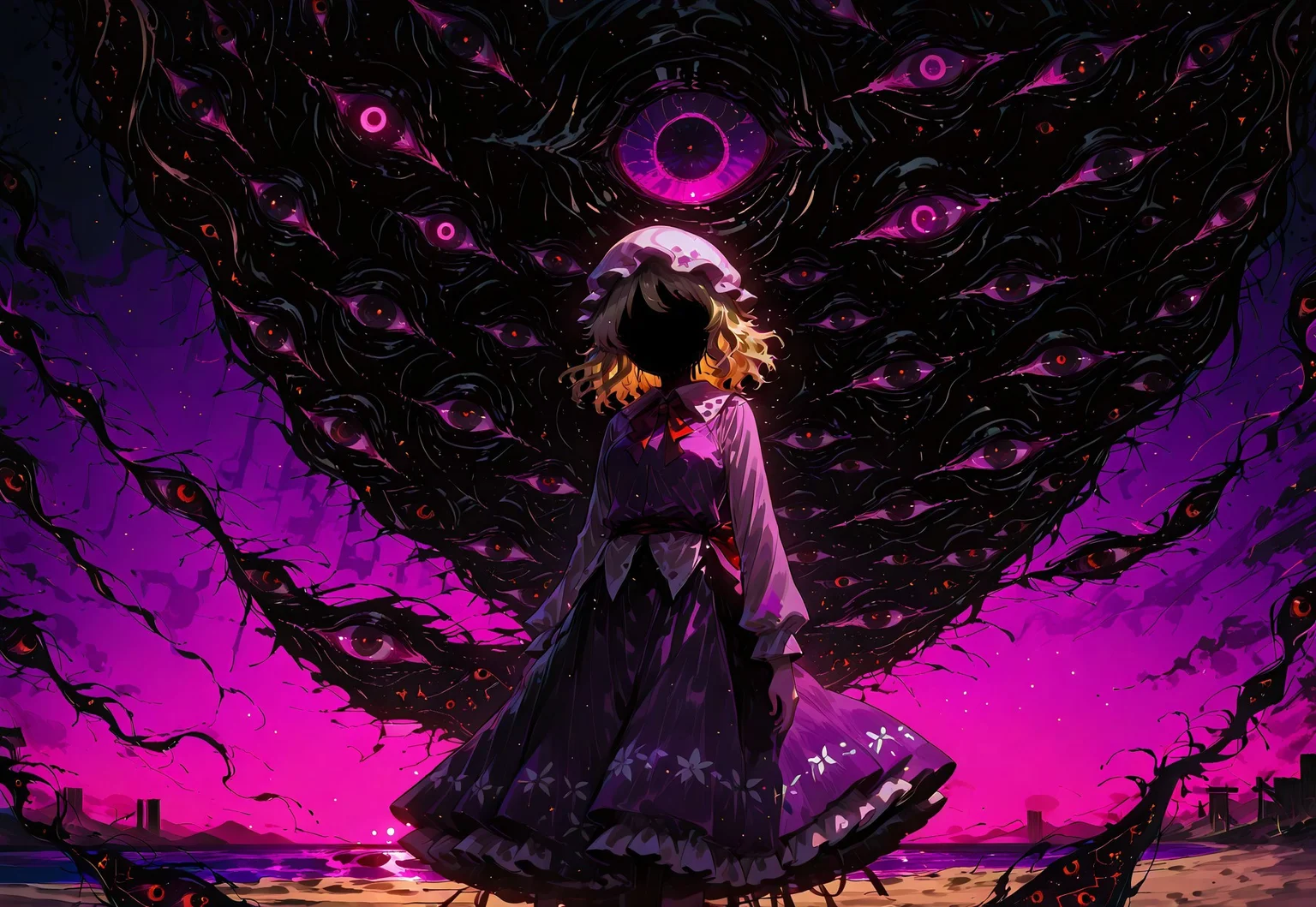 masterpiece, best quality, amazing quality, very aesthetic, absurdres, newest, highres, 4k,8k,Ultra HD, extremely detailed, ultra detailed face, detailed eyes,
1girl, maribel hearn, blonde hair, medium hair, white mob cap, red bowtie, purple dress, long sleeves, frilled skirt, black fluid face, glowing purple eye,
beach, sand,, high bridge in background, night, moon,
(gap(touhou):1.5), too much gap, gap all over the image, gap all over the background,
raytracing, ambient occlusion, light particles, gradient color,
front view,
(wide shot:1.2), long shot, perfect composition
3Y3S_illu, toon \(style\), extra eyes, glowing, LeIsT0_illu