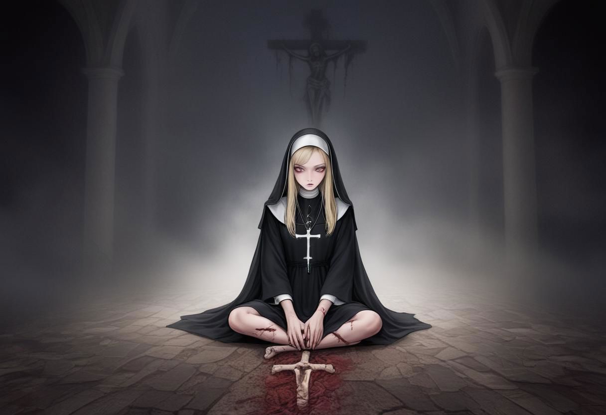 horror \(theme\),("Nevson Arts" text logo),shadows,foggy,abandoned church,dark blood,darkness,bones,anime style,anime,nun is sitting on knees,blonde,long hair,