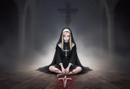 horror \(theme\),("Nevson Arts" text logo),shadows,foggy,abandoned church,dark blood,darkness,bones,anime style,anime,nun is sitting on knees,blonde,long hair,