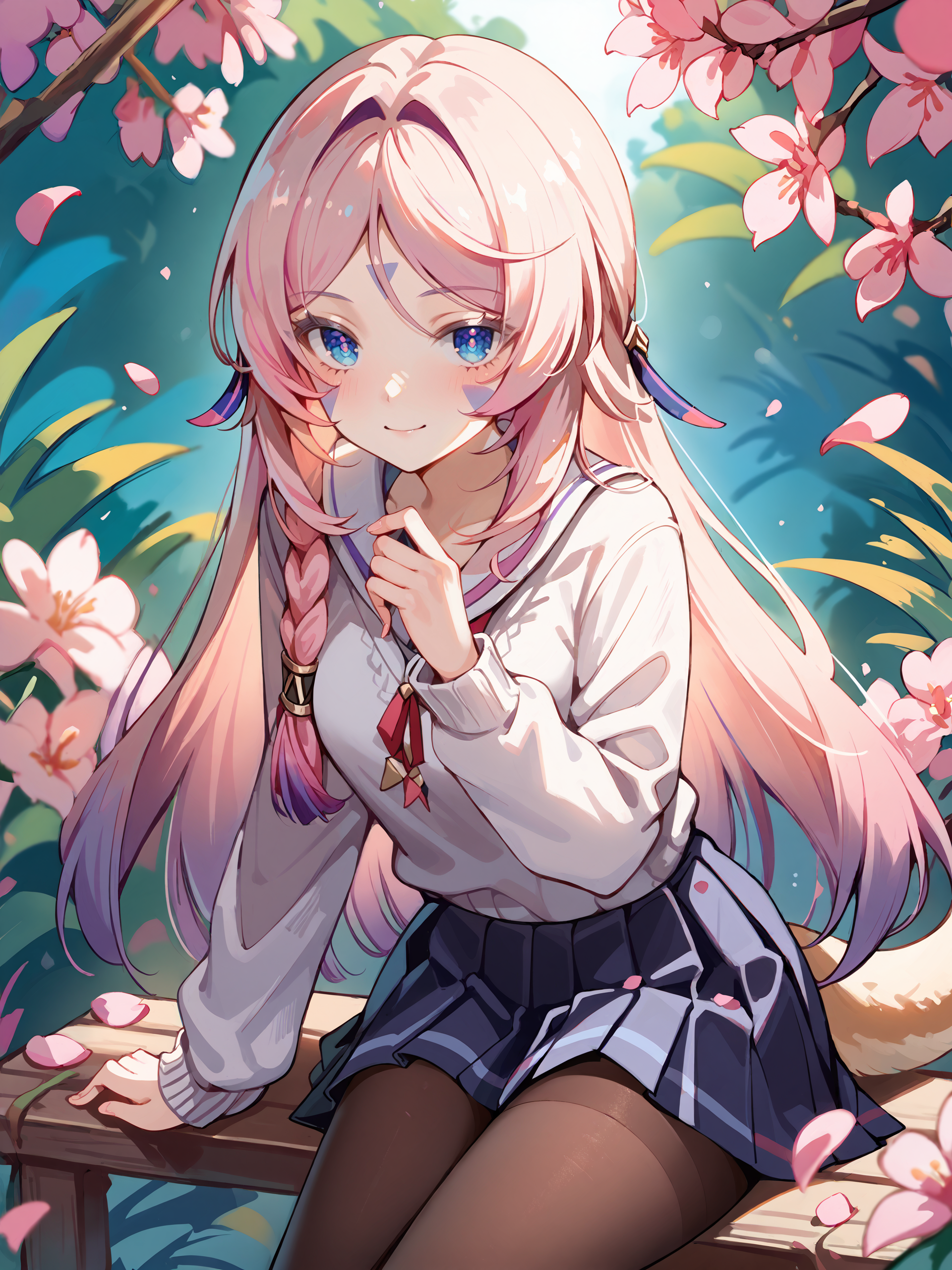 1girl, citlali \(genshin impact\), facial mark, solo, school uniform, white shirt, sweater, pleated skirt, pantyhose, outdoors, jungle, cherry blossoms, petals, depth of field, seductive smile, looking at viewer, tail  <lora:Char-Genshin-Citlali-V1-Pony:0.9>, score_9, score_8_up, score_7_up, source_anime