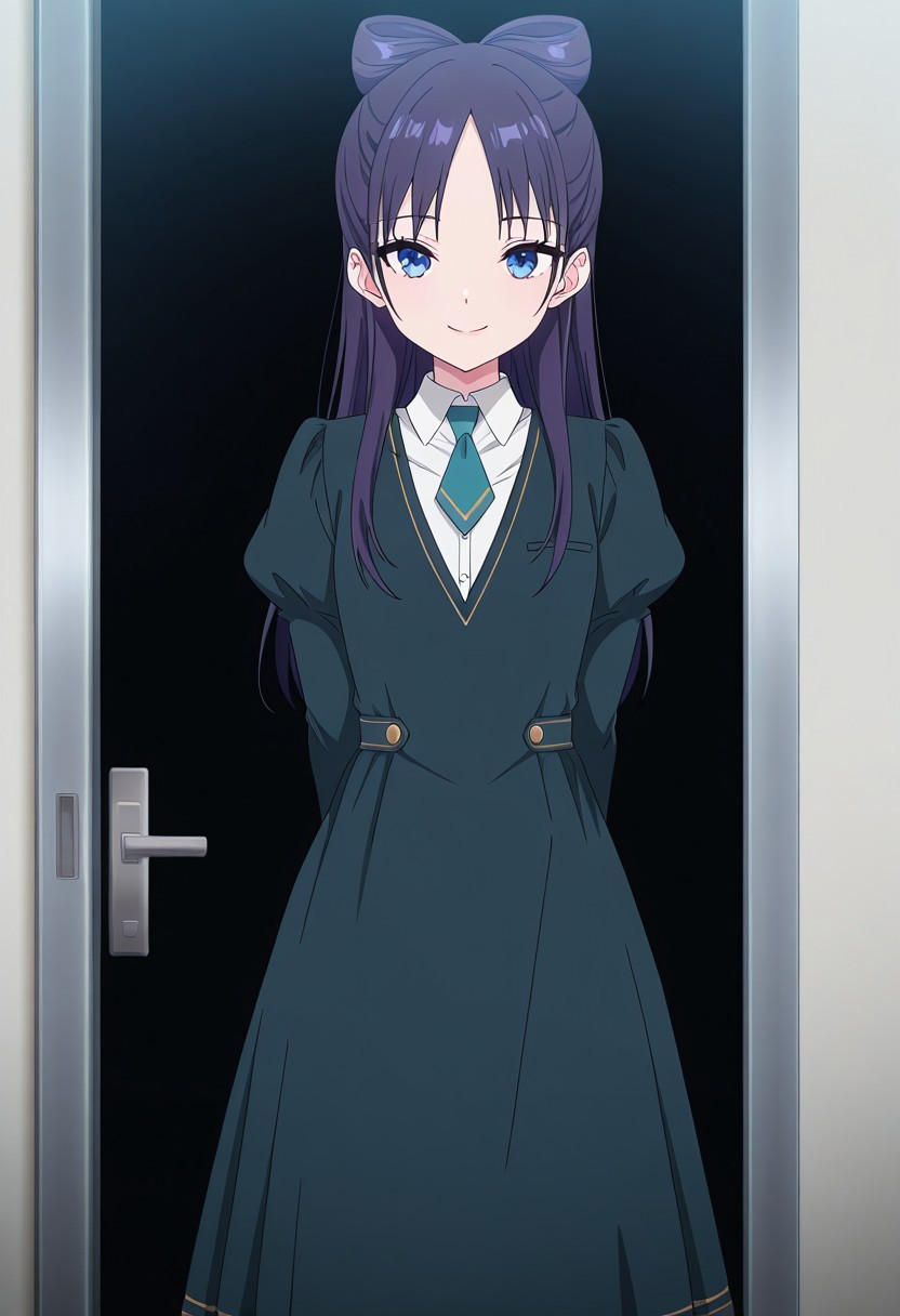 (absurdres, best quality, masterpiece:1.4), amazing quality, highres, newest, detailed, detailed body, detailed face, source anime, anime coloring, beautiful, petite, 
BREAK
WWNemu, 1girl, solo, standing, smile, NemuAniHu, dark purple hair, bow-shaped hair, parted bangs, half updo, blue eyes,  v-neck dress, white inner collared shirt, Short necktie, juliet sleeves, long skirt, side pockets