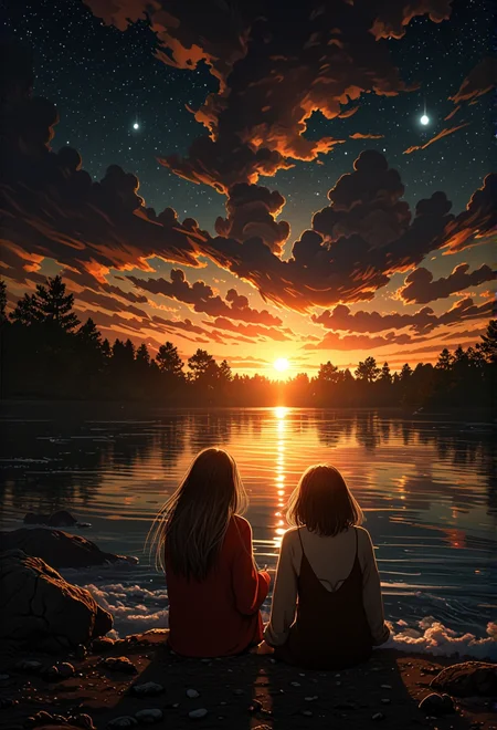 golden hour scene of two friends sharing a quiet moment. The scene showcases a sky filled with shimmering stars and constellations, with a winding river in the background. The lighting casts cool, mysterious shadows, enhancing the surreal beauty of the landscape. The figure is dressed in bohemian attire, adding a mysterious allure. Small details, like waves gently lapping at the shore, bring an extra layer of magic and realism to the scene.}bv-stuanilan<lora:bv-stunning-anime-landscape-v1.safetensors:1.0:1.0>