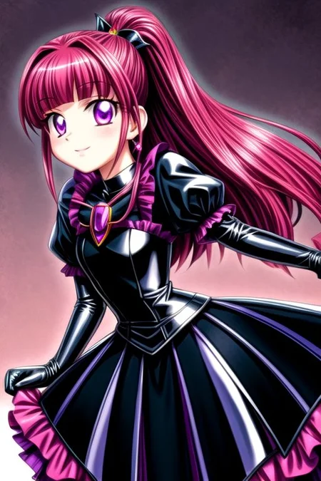 Bad_End_Precure, DarkPrecure, evil corrupted princess wearing dark pastel (ruffled:1) (gleaming latex:1) gown with (long latex vampire cloak:1) and latex gauntlets, soft lighting, ruffles,
(vmpr),
<lora:more_details:1>,
