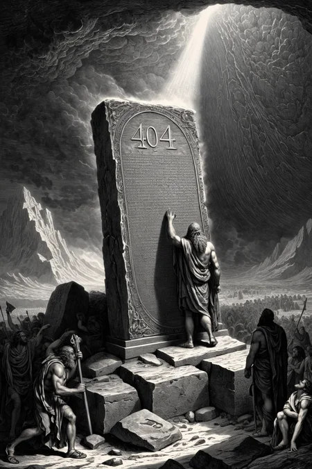 A gritty engraving etching in the style of Gustave Dore, Moses holds a huge stone tablet with the very large and bold number "404" on it , on mount Sinai amidst a storm, uhd, ((the number "404" written on the tablet)), 8k, intense lighting, award winning masterpiece, high contrast, extremely detailed, detailed background, cinematic, complex and multidimensional lighting, <lora:xl_more_art-full_v1:0.6>, <lora:add-detail-xl:0.6>
