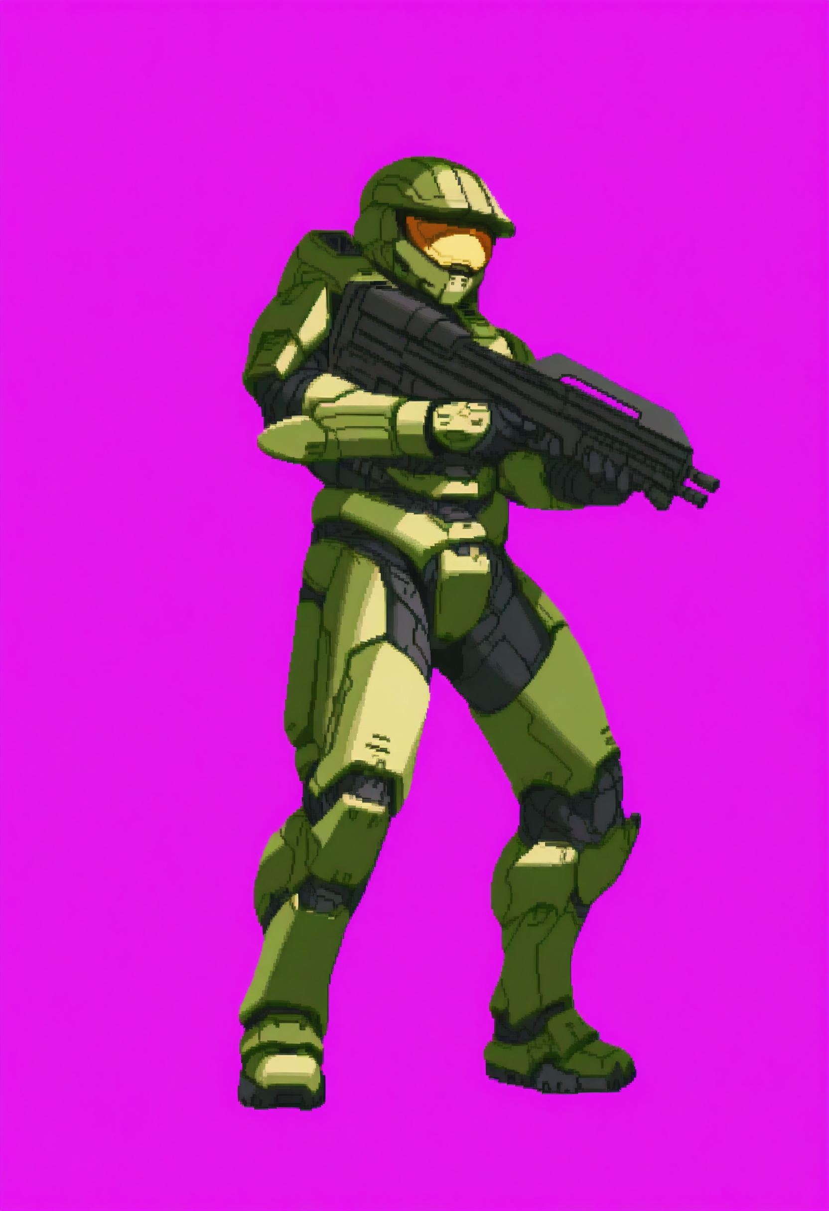 masterpiece, best quality, solo, 1boy, looking at viewer, <lora:Dengeki_Bunko-illus_Fp:1>, full body, pixel art, simple background, <lora:masterchief-halo-richy-v1_ixl:1>, masterchief, helmet, visor, power armor, assault rifle, standing,