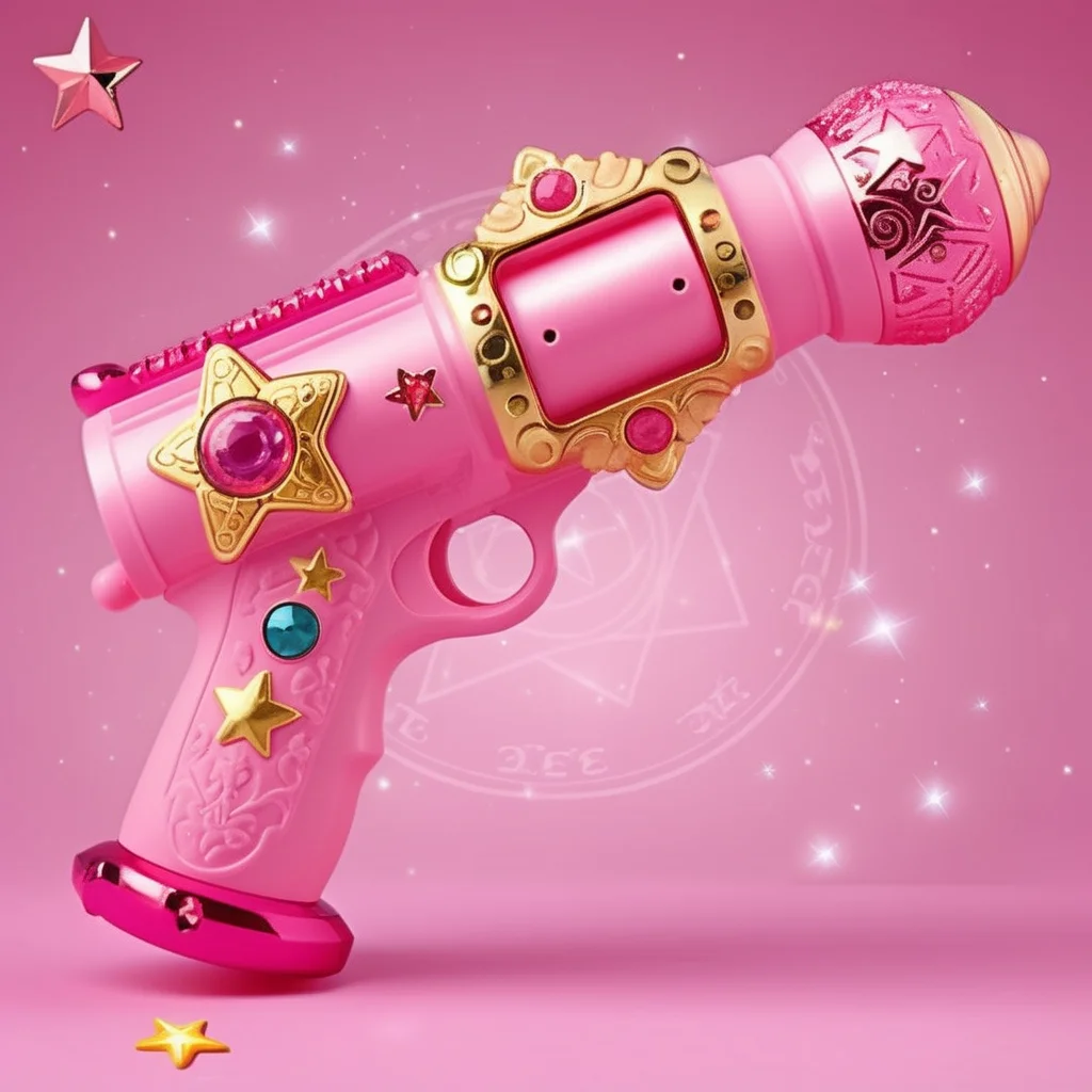 A photorealistic image of a child's toy grenade launcher, with the main body in a vibrant pink hue. The launcher is ornately decorated with glittering gemstones and adorned with moon-shaped motifs, adding a whimsical, magical touch to its design. The background features an intricately drawn six-pointed star magic circle, radiating an ethereal glow that complements the toy's fantastical elements. The overall composition captures the playful yet detailed essence of a fantasy-themed children's toy.,<lora:girl_toy_style:0.65>,