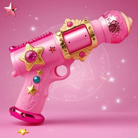 A photorealistic image of a child's toy grenade launcher, with the main body in a vibrant pink hue. The launcher is ornately decorated with glittering gemstones and adorned with moon-shaped motifs, adding a whimsical, magical touch to its design. The background features an intricately drawn six-pointed star magic circle, radiating an ethereal glow that complements the toy's fantastical elements. The overall composition captures the playful yet detailed essence of a fantasy-themed children's toy.,<lora:girl_toy_style:0.65>,