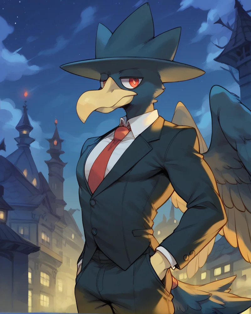 score_9, score_8_up, score_7_up, score_6_up,
BREAK
pokemon (creature), gorgeous, anthro, male, 1boy,solo, no humans, OverallDetail, Expressiveh,
murkrow, anthro, red eyes, wings, avian,
sexy, standing, city, (night time:1.2), athletic, menacing eyes, mafia outfit, tuxedo,, front view, red tie,
<lora:Expressive_H:0.75>, <lora:add-detail-xl:1>, <lora:easynegative:1>, <lora:KrekkovLycoXLV2:0.75>, <lora:cutesexyronutts_style_xl:1>, <lora:POKEMON_MURKROW:1>