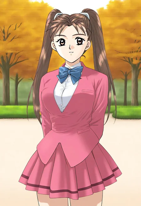 masterpiece, best quality, good quality, KanouRyouko, 1girl, solo, twintails, brown hair, long hair, brown eyes, large breasts, bow, skirt, blue bow, pink blazer, open clothes, looking at viewer, light smile, parted lips, shirt, tucked in, 1990s (style), bowtie, white shirt, blue line, school uniform, pleated skirt, pink skirt, standing, cowboy shot, outdoor, park, tree, autumn, thighs,