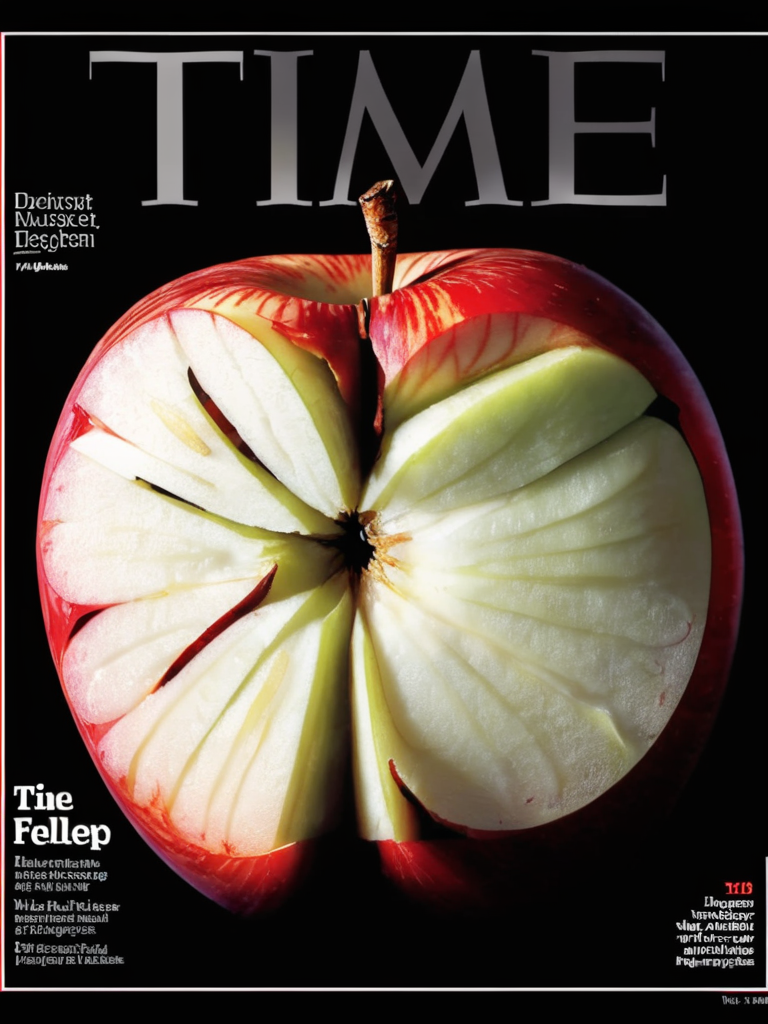 time magazine, artwork of a sliced apple <lora:time_xl:1>