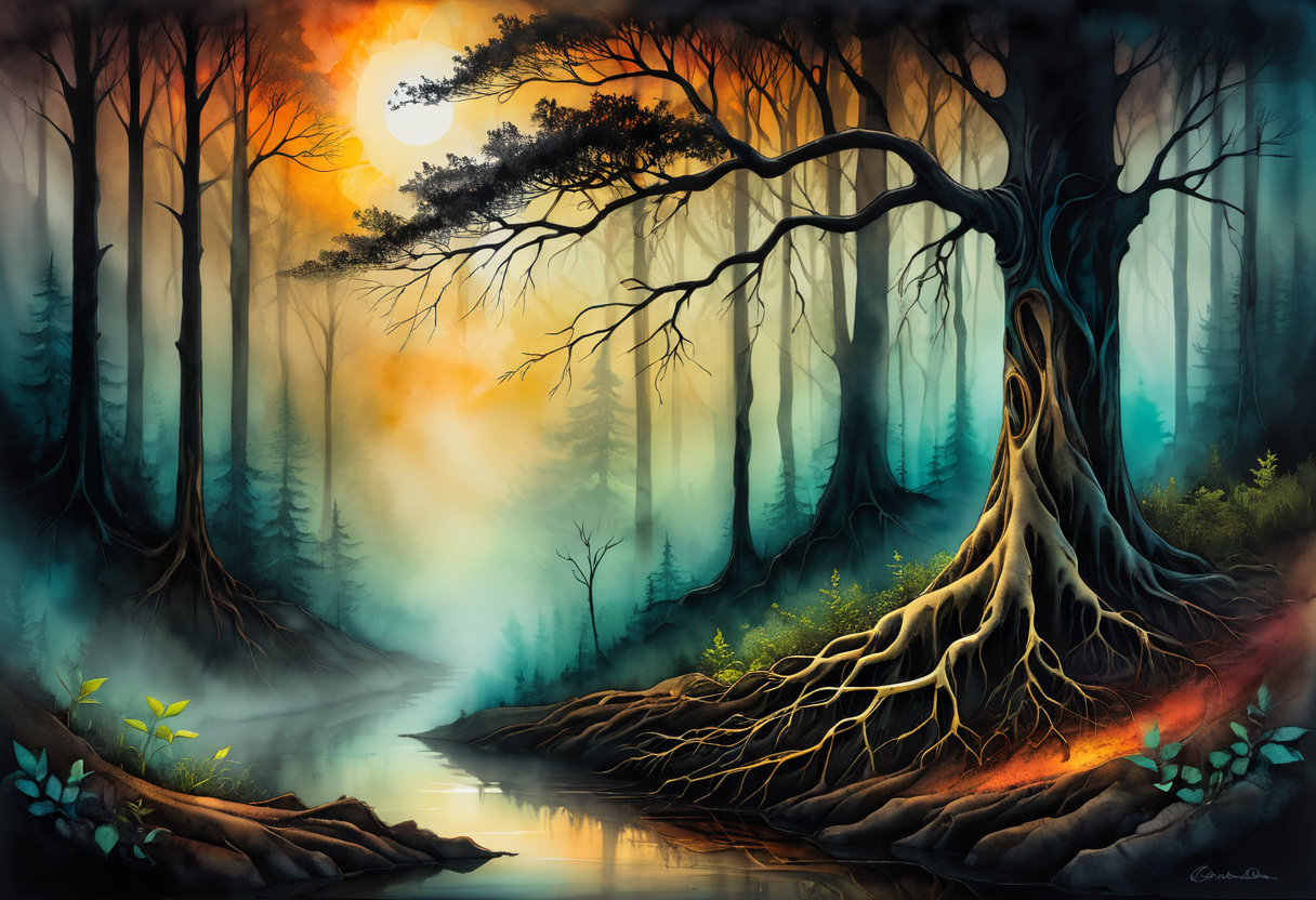a tree with exposed roots, a sapling glowing with life in the dim forest light, a lone tree standing sentinel at the forest's edge, <lora:artfully_TREES-000007:0.4>, distant horizon, vanta black, immersed in cascading layers, delicate layers of refinement, the depth of a dreamlike haze, in the style of alcohol ink, enveloped in warm hues masterpiece, detailed, best quality, absurd resolution uhd, 8k,
