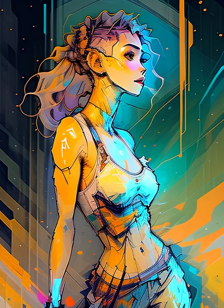 Alfons Mucha; style award winning half body portrait of a beautiful woman in a croptop and cargo pants, paint splashes, (short hair:1.0), splatter, outrun, vaporware, shaded flat illustration, digital art, trending on artstation, highly detailed, fine detail, intricate