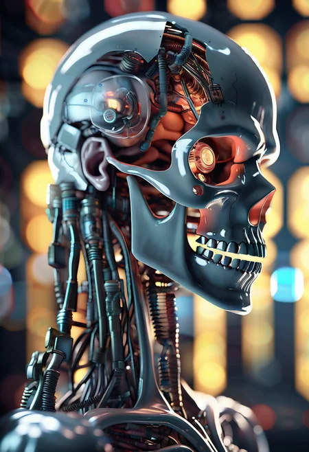 skinless biomechanoid, (glass bones:1.2), transparent muscular structure, chrome-titanium ribcage, glowing synaptic nodes, light-leaking biomechanical joints, (bright neon wires), anatomical skull with mechanical eyes, (hyperrealistic face, skin-level muscle fiber detail), textured synthetic skin patches, vibrant subsurface scattering, HDR realism, art deco ruins in background, sci-fi cathedral lighting, film grain, Dutch angle shot, macro lens, dramatic cinematic shadows, dust motes floating in air, glowing circuitry veins, soft focus edges, ultra sharp detail on textures, mysterious mood, otherworldly architecture, oil-on-glass effect, photo illustration hybrid