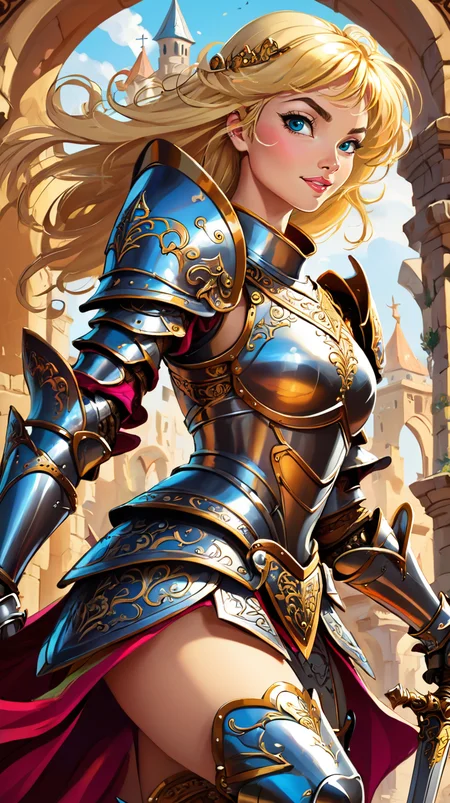 Western cartoon style, vibrant colors, smooth shading, dynamic poses, expressive characters, high contrast, detailed background, female knight in ornate armor, playful, whimsical, artistic, crisp lines, high resolution, fantasy theme, blonde hair, dynamic pose