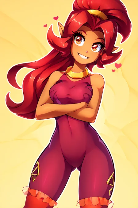 score_9, score_8_up, score_8, medium breasts, (curvy), cute, eyelashes, BREAK, , Din_Zelda, dark skin, red hair, red unitard, <lora:Din_Zelda_Anime_P1:0.8>, , BREAK, smile, looking at viewer, abstract background, white outline, cowboy shot, embedding:zPDXL, Expressiveh, <lora:theOtherHalfPDXL:0.8>, <lora:CatalystStylePDXL:0.6>, <lora:SDXLFaeTastic2400:0.5>, <lora:Expressive_H-000001:0.4>,, <lora:theButcherXPDXL:1.0>,