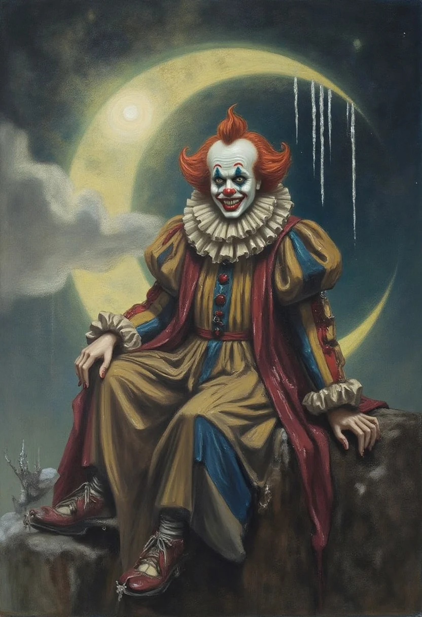frankowensalisbury1 painting Detailed oil painting, dark fantasy style. A sinister clown sitting on a glowing crescent moon, surrounded by ethereal clouds. The clown wears a vibrant, tattered costume with exaggerated features, including a menacing grin and wild hair. The moon emits a soft, luminous light contrasting with the dark, ominous atmosphere. Icicles hang from the moon, adding a chilling effect. The composition is dramatic and eerie, with intricate details and a moody ambiance, creating a captivating and unsettling visual experience
