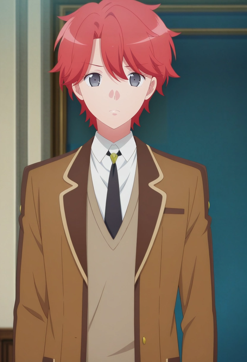 masterpiece, best quality, , anime screencap, anime coloring, official style,, 1boy, solo, male focus, <lora:sirius_dieke_ilxl:0.96>, sirius_dieke, red hair, grey eyes, short hair, brown jacket, black necktie, school uniform, white shirt, collared shirt, ,