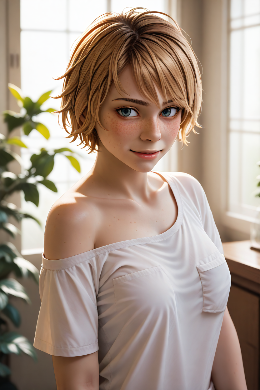 1girl, depth of field, highly detailed, high contrast ,  god rays, volumetric lighting,solo, <lora:Heather_mason_lora:0.8> heather_mason, blonde hair, short hair, smirk,freckles,off-shoulder shirt,bedroom,, PonyXLV6_Scores, zPDXL3, <lora:Hyper-SDXL-8steps-lora:1>, <lora:cervina-guy-PONYv1:0.7> <lora:incase-ilff-v3-4:0.6>