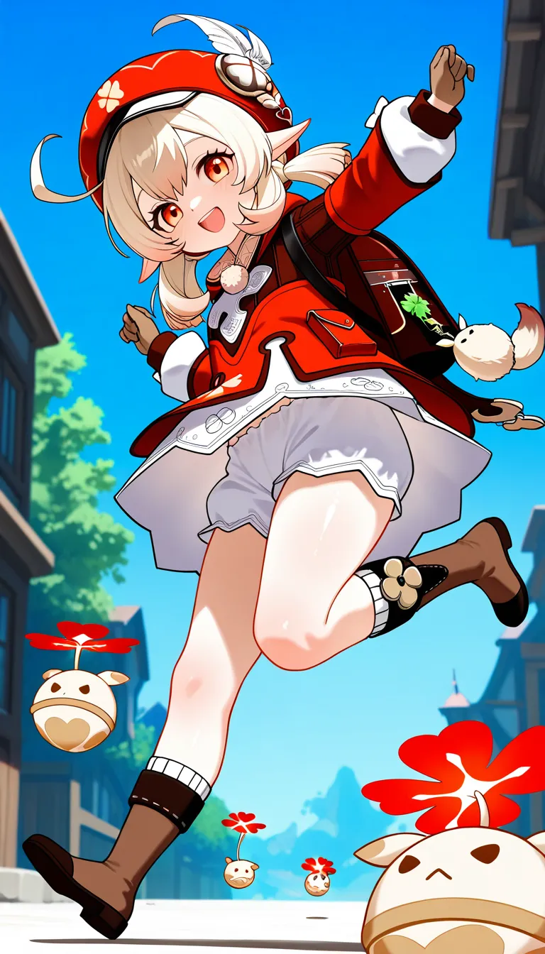 (masterpiece, best quality), amazing quality, very aesthetic, absurdres, highres, newest, HDR, 8K, great depth, intricate detailed, photo-referenced, detailed background, beautiful detailed, beautiful face, bright face, large pupil, eyelashes, brilliant skin, shiny skin,
1girl, klee (genshin impact), orange eyes, blonde hair, low twintails, :d, randoseru, jumpy dumpty, red coat, backpack, bloomers, clover print, happy, fun, jumping, running around, sunny day, blue sky,