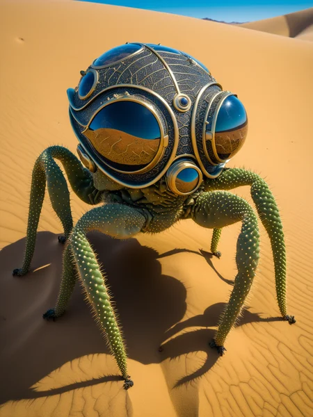 n a desolate desert landscape, a character with skin patterned like the intricate veins of dried leaves, searches for signs of life. Their attire, resembling the armor of a biomechanical explorer, is covered in dust and engraved with ancient symbols. The characterâs eyes are shielded by goggles that reflect the scorching sun and the vast, sandy expanse. In their hands, they hold a device that detects microscopic signs of organic life. Amidst the dunes, they discover a hidden oasis, where cacti with neon spines and strange, alien plants with fractal leaves thrive. The water in the oasis reflects the symmetrical beauty of the plants, and the air is filled with the buzzing of insects with transparent wings. The character documents the extraordinary findings, adding a new chapter to the book of extraterrestrial
<lora:fractal-art.v1:1>