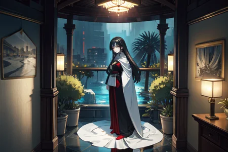 highly insanely detailed, masterpiece, top quality, best quality, highres, 4k, 8k, RAW photo, (very aesthetic, beautiful and aesthetic),  
beth_\(megami_tensei\),bethsmtii,shin megami tensei ii,long hair,black hair,straight hair,sleek black,jewelry,cross,headband,red_lipstick,white cape,cape_with_messian_symbol,Religious_cape,messian_symbol_cape,holy_knight_cape,katana,sword,Tokyo_Millennium,post-apocalyptic_city,dystopian_world,Private_mansion,guarded_residence,elite_dwelling,Order_of_Messiah,Religious_order,messianic_cult,divine_rulers,Millennium_News_Network,City_news,propaganda_broadcasts,information_contro,Great_Cataclysm,World_ending_event,apocalyptic_disaster,city_rebirt, 
<lora:zs_Beth:0.6>, 
(1girl:1.3), 1other, 
Solarium,Serene room with glass walls offering panoramic views of the Nile,potted palms adding a touch of greenery,mosaic tiles depicting aquatic scenes underfoot,chaise lounges draped in silk throws,and golden sconces illuminating the space,âââ
