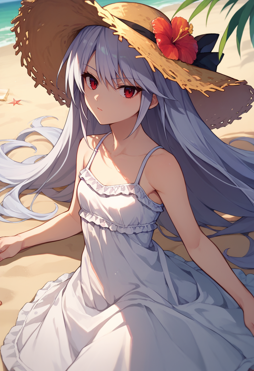 score_9, score_8_up, score_7_up, 1girl, kazami kazuki, silver hair, long hair, red eyes, white sundress, straw hat, beach,   <lora:Kazuki DORA6-000007:1>