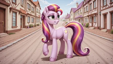 masterpiece, , (SOLO: 1.2) my little pony, friendship is magic, wild, detailed background, digital drawing
,pony earth ponies, CITY, PATH, GOES, DIRT PATH, , <lora:Velvet_Starscout-000009:1>Velvet Starscout, earth pony, body soft lavender, mane and tail multi-colored, with smooth transitions from red to yellow and then to purple, mane lush and falling to one side,