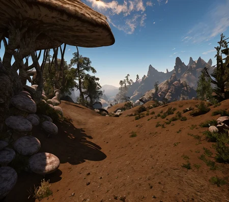 RAW photo, (masterpiece:1.3), subsurface scattering, heavy shadow, (high quality:1.4), (intricate, high detail:1.2), professional photography, HDR, High Dynamic Range, realistic, ultra realistic, photorealistic, high resolution, film photography, ambient lighting, atmospheric effects, <lora:detail_slider_v4:2>, OverallDetail,  <lora:Morrowind:1>, day, landscape, morrowind, mountain, giant mushroom, dry area, nature, no humans, outdoors, scenery, sky, sun, epiCPhoto