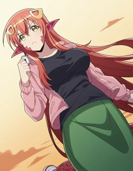 score_9, score_8_up, score_7_up, source_anime, <lora:lamia-miia-s1-ponyxl-lora-nochekaiser:1>, miia, miia (monster musume), long hair, large breasts, hair ornament, hair between eyes, very long hair, yellow eyes, red hair, pointy ears, hairclip, monster girl, slit pupils, scales, lamia,, skirt, shirt, jacket, black shirt, green skirt, pink jacket,, suburban neighborhood, morning jog, earphones, running shoes, fresh air, sunrise, , , from below, solo,, dutch angle,