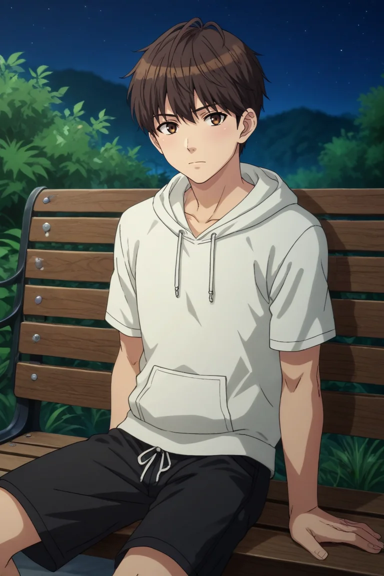 score_9, score_8_up, score_7_up,score_6_up,score_5_up,score_4_up,source_anime,BREAK, rating_safe, intricate details, , anime screencap, anime coloring, official style, depth of field,1boy, solo, male focus, <lora:shouichi:0.85>,shouichi kamita,brown hair,brown eyes,bangs,short hair,looking at viewer, closed mouth, sitting, short sleeves, outdoors, shorts, pants, hood, hoodie, night, hood down, drawstring, bench, white hoodie , , , <lora:sdxl_lightning_8step_lora_315544:1>