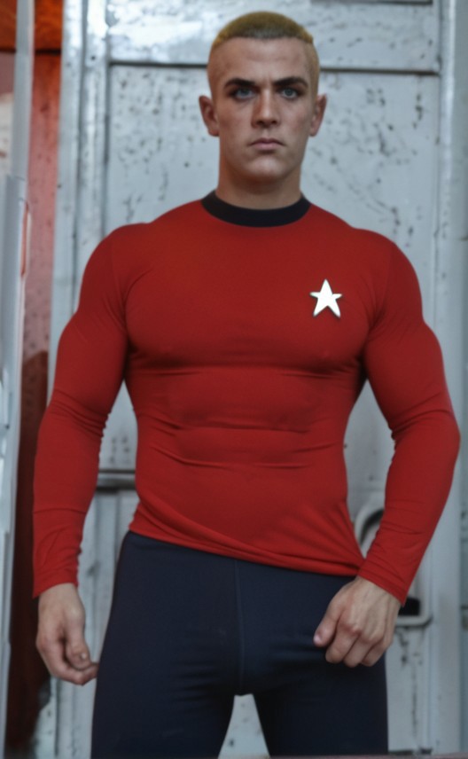Handsome, masculine, blonde, star trek, red shirt, muscle,  tall, tight shirt, tight pants, bulgedleg_pants,

Tall skinny hairy muscular,

Broad shoulders, wide shoulders, narrow waist,


Big strong hands with large hairy knuckles,

narrow head, long neck,

Platinum blonde buzz-cut hairstyle,