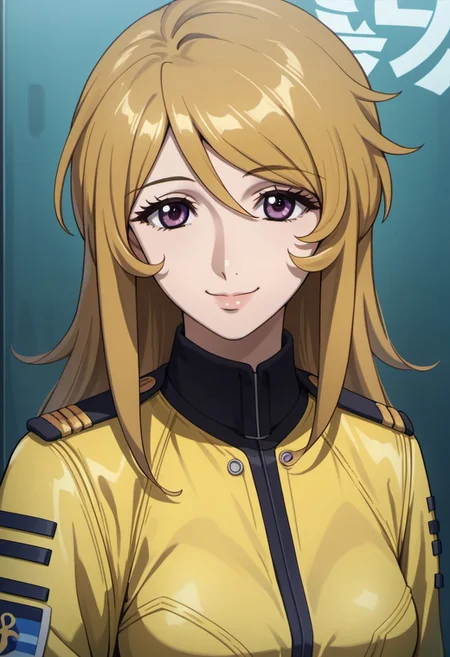 score_9, score_8_up, score_7_up, source_anime, mori yuki, dirty-blonde hair, long hair, purple eyes, 1girl, solo, uniform, smile, yellow jacket, military uniform, looking at viewer, military