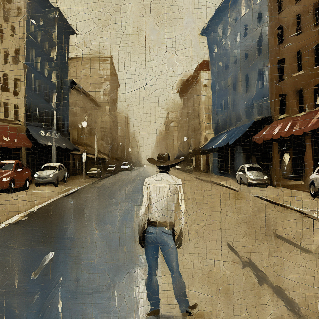 <lora:Bosch_Creatures-000010:0.9>, city street, cowboy s cracked paint texture