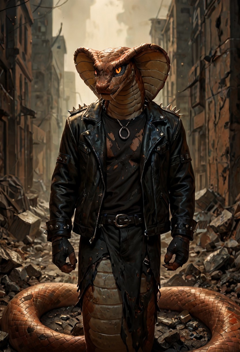 score_9, score_8_up, score_7_up, best quality, fine detail, 1boy, solo, wearing a large leather jacket with spikes and studs, (he is a snake), (anthropomorphic_snakes_(naga)), in a dystopian city with rubble, visually interesting, vivid colors, dark shadows, highest quality,
