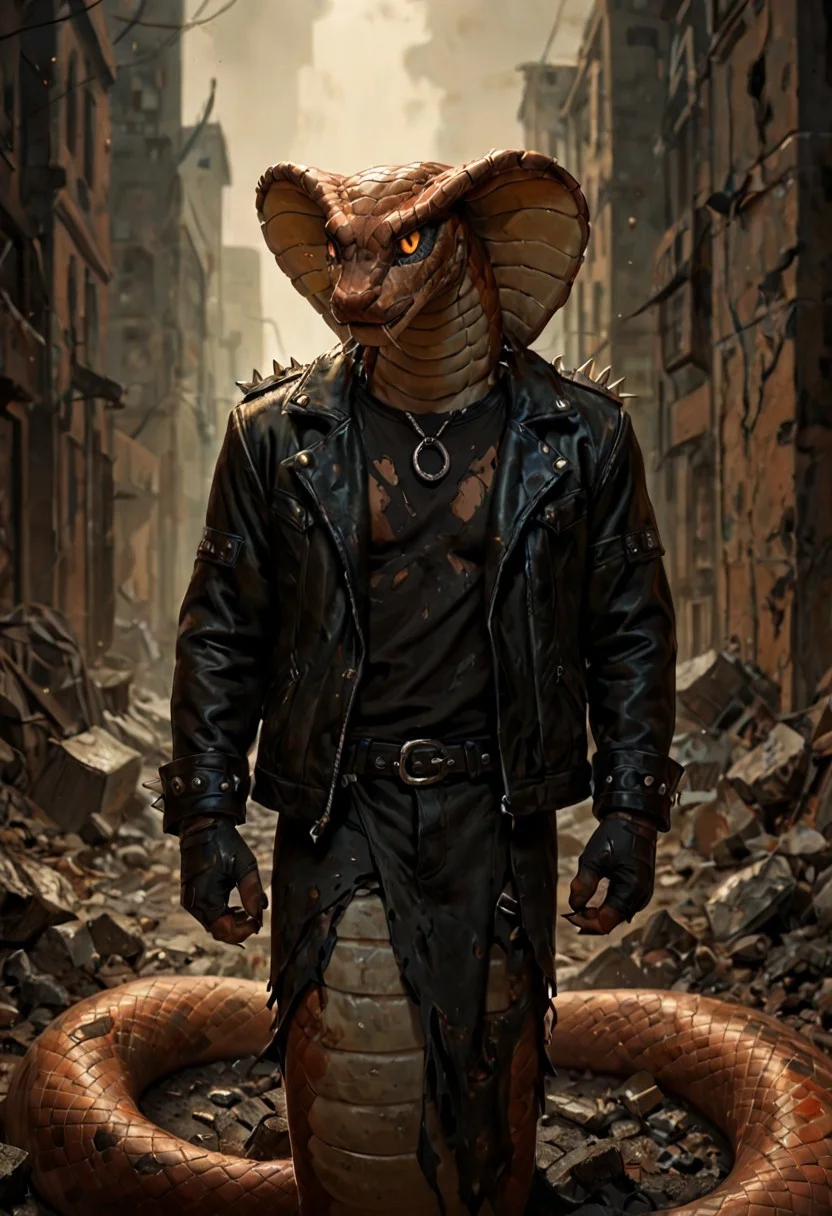 score_9, score_8_up, score_7_up, best quality, fine detail, 1boy, solo, wearing a large leather jacket with spikes and studs, (he is a snake), (anthropomorphic_snakes_(naga)), in a dystopian city with rubble, visually interesting, vivid colors, dark shadows, highest quality,