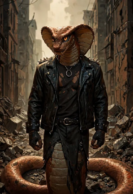 score_9, score_8_up, score_7_up, best quality, fine detail, 1boy, solo, wearing a large leather jacket with spikes and studs, (he is a snake), (anthropomorphic_snakes_(naga)), in a dystopian city with rubble, visually interesting, vivid colors, dark shadows, highest quality,