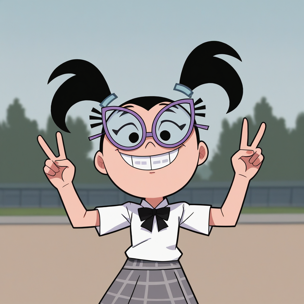score_7_up, BREAK, Tootie, 1girl, solo, black hair, twintails, black eyes, glasses, white shirt, school uniform, plaid skirt,  <lora:Tootie_FOP_PXL_Leaf2:1>, cowboy shot,  outdoors, double v, smile,