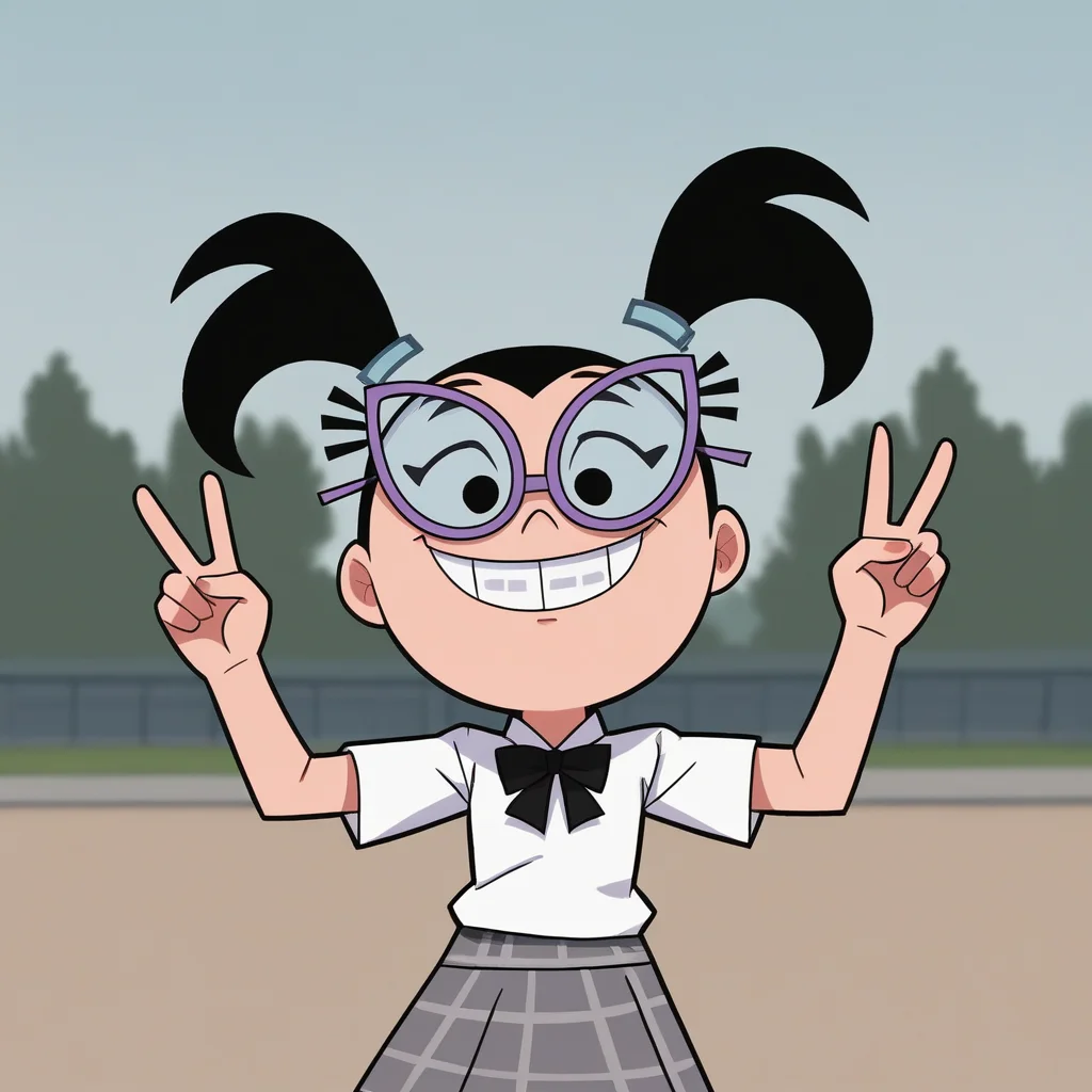 score_7_up, BREAK, Tootie, 1girl, solo, black hair, twintails, black eyes, glasses, white shirt, school uniform, plaid skirt, <lora:Tootie_FOP_PXL_Leaf2:1>, cowboy shot, outdoors, double v, smile,