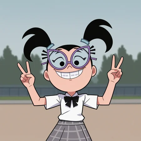 score_7_up, BREAK, Tootie, 1girl, solo, black hair, twintails, black eyes, glasses, white shirt, school uniform, plaid skirt, <lora:Tootie_FOP_PXL_Leaf2:1>, cowboy shot, outdoors, double v, smile,