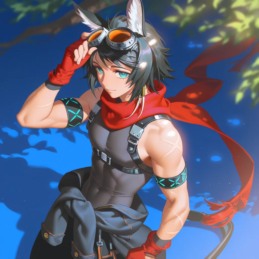 1boy, courier \(arknights\), courierarknights, toned male, deer ears, animal ear fluff, medium hair, aqua eyes, tanned skin, (artist:penguin frontier, artist:krenz, artist:yoneyama mai:1.2), nyalia, from above, depth of field, dim lighting, tree shade, light smile, red scarf, armband, goggles on head, tooth hair ornament, orange goggles, welding goggles, red gloves, fingerless gloves, black sleeveless bodysuit, chest harness, black jacket around waist, black pants, masterpiece, best quality, newest, absurdres, highres, uncensored, <lora:nyalia:0.4>, <lora:lora-000008.TA_trained:0.8>
