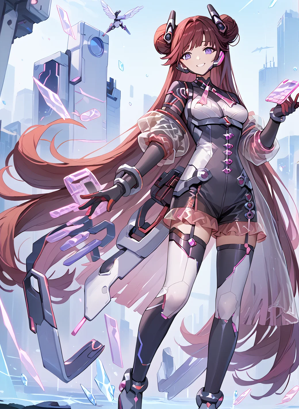 score_9_up, score_8_up, score_7_up,score_6_up,score_5, high quality,
<lora:Backup operator v1:1>Backup operator,1girl,  Purple Eyesï¼High heelãneckwear. red hair, bodysuit, gloves,  very long hair, breasts, hair bun,  Hair accessories. see-through shorts,  skirt
standingã
smile <lora:add-detail-xl:0.5> <lora:HandFixer_pdxl_Incrs_v1:0.8>