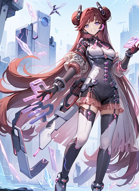 score_9_up, score_8_up, score_7_up,score_6_up,score_5, high quality,
<lora:Backup operator v1:1>Backup operator,1girl,  Purple Eyesï¼High heelãneckwear. red hair, bodysuit, gloves,  very long hair, breasts, hair bun,  Hair accessories. see-through shorts,  skirt
standingã
smile <lora:add-detail-xl:0.5> <lora:HandFixer_pdxl_Incrs_v1:0.8>