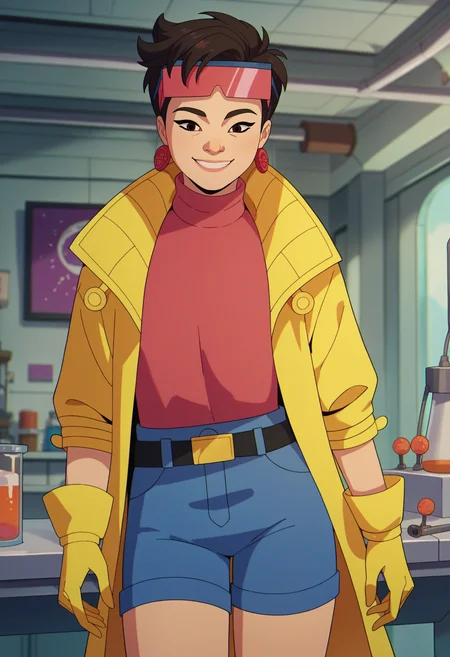 score_9, score_8_up, score_7_up, 1girl, solo, <lora:clamJubilee_xmen97PDXL:0.8> clamJBLee97, cJsunglasses, yellow coat, yellow gloves, pink shirt, turtleneck, blue shorts, belt, earrings, smile, laboratory