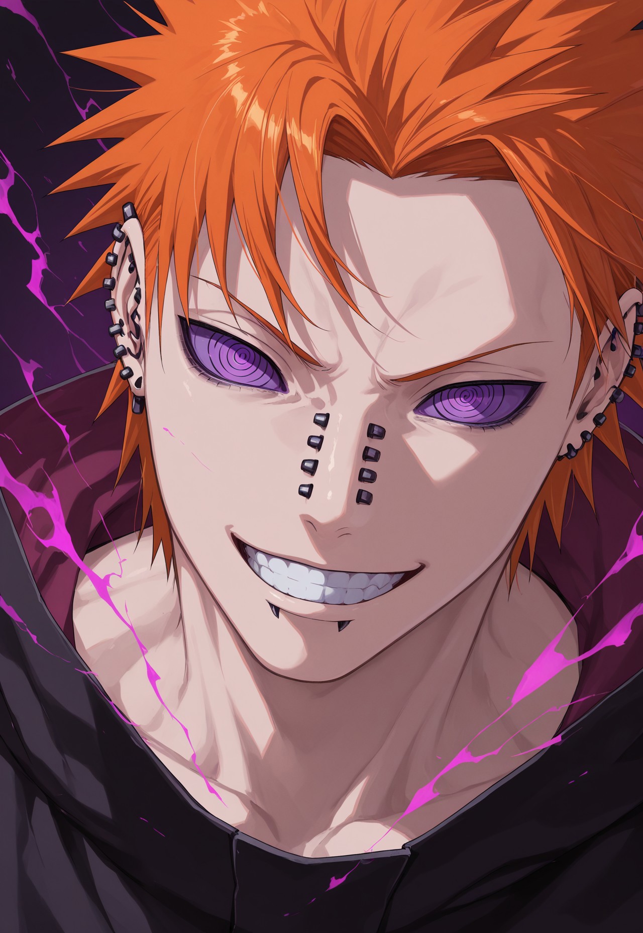 masterpiece, best quality, amazing quality, very aesthetic, absurdres, newest, naruPain, 1boy, solo, male focus, orange hair, spiked hair, multiple piercings, (rinnegan, ringed eyes:1.4), purple eyes, purple sclera, eye focus, serious, energy, grin, smug