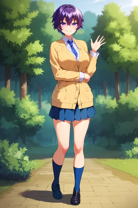 score_9, score_8_up, score_7_up, score_6_up, BREAK, MakotoHimemiyaMKNXL, purple eyes, purple hair, short hair, hair between eyes, larege breasts, school uniform, yellow jacket, (closed jacket), blue necktie, white shirt, blue skirt, blue socks, black shoes, solo, full body, standing, waving, seductive smile, looking at viewer, forest <lora:MakotoHimemiyaMKNXL:1>