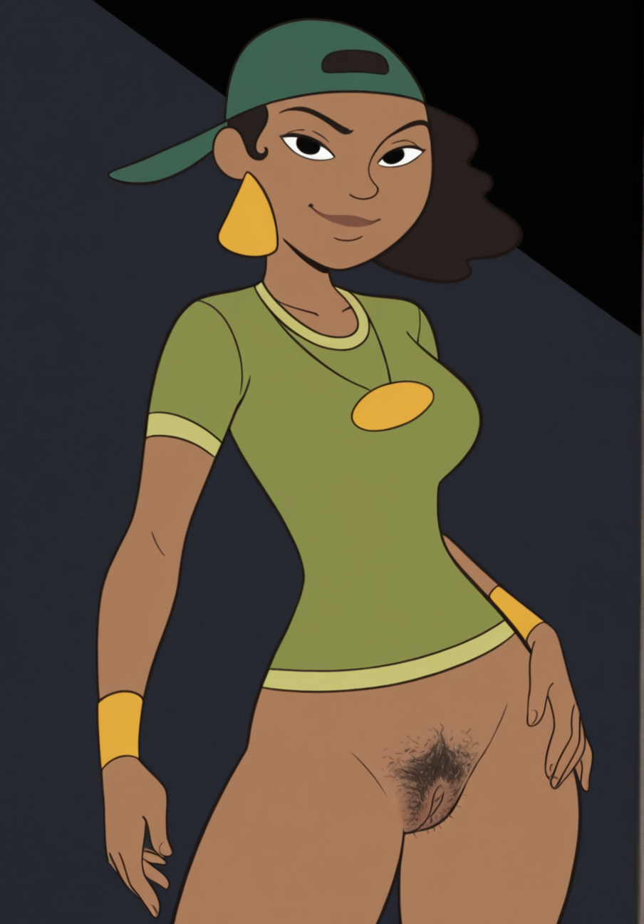 masterpiece, best quality, high quality, 

1girl, MCHoney, flat colors, parody, score_9, dark skin, black hair, black eyes, backwards hat, green shirt,

simple black background, looking at viewer, smile, bottomless, hairy pussy