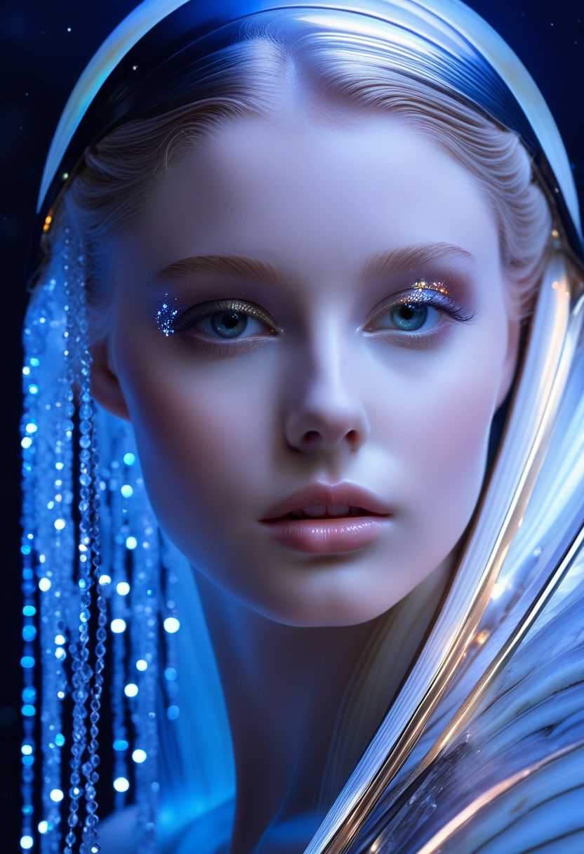 highest esthetic score, photo of a exquisitely beautiful pale skin  european 1girl, 20yo, modern implementation of sci-fi  "botichhelli The Birth of Venus" fantastic epic masterpiece, starlight falls on beautiful young face. Depth of field, insane details:1.4,  ultra detailed, absurdres, 1:280f Zeiss lens, long aperture, abalone shell, fiery opal, platinum, obsidian
