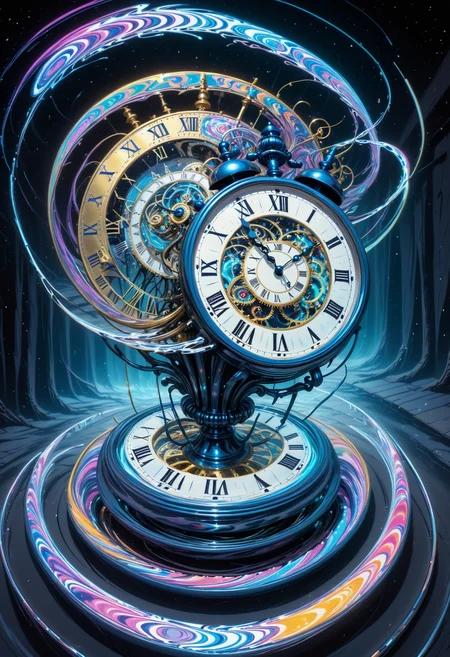 mind-bending temporal trip, clock disintegrating into planar sections, multidimensional time perception, swirling color vortex around clockwork, neon light trails in ticking motion, surreal temporal entities, cosmic clock background, visual echoes, ultra high definition
<lora:Style_ThatSpecialFace:1>