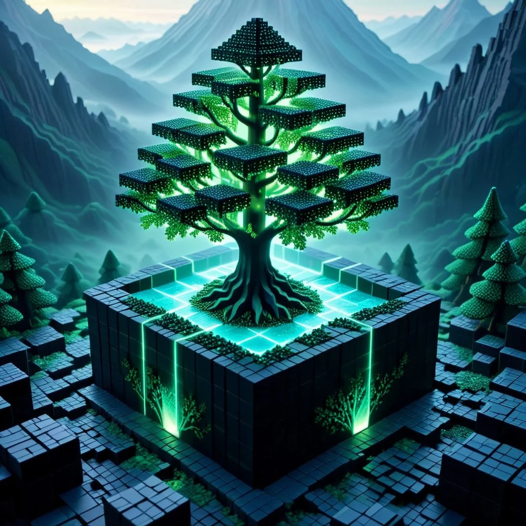 lazypos, masterpiece, ultra detailed, intricate details, sharp focus,
voxels, fantasy tree growing from square voxel trunk, glowing cubes for leaves, ethereal fog surrounding its base, voxelized mountain range behind