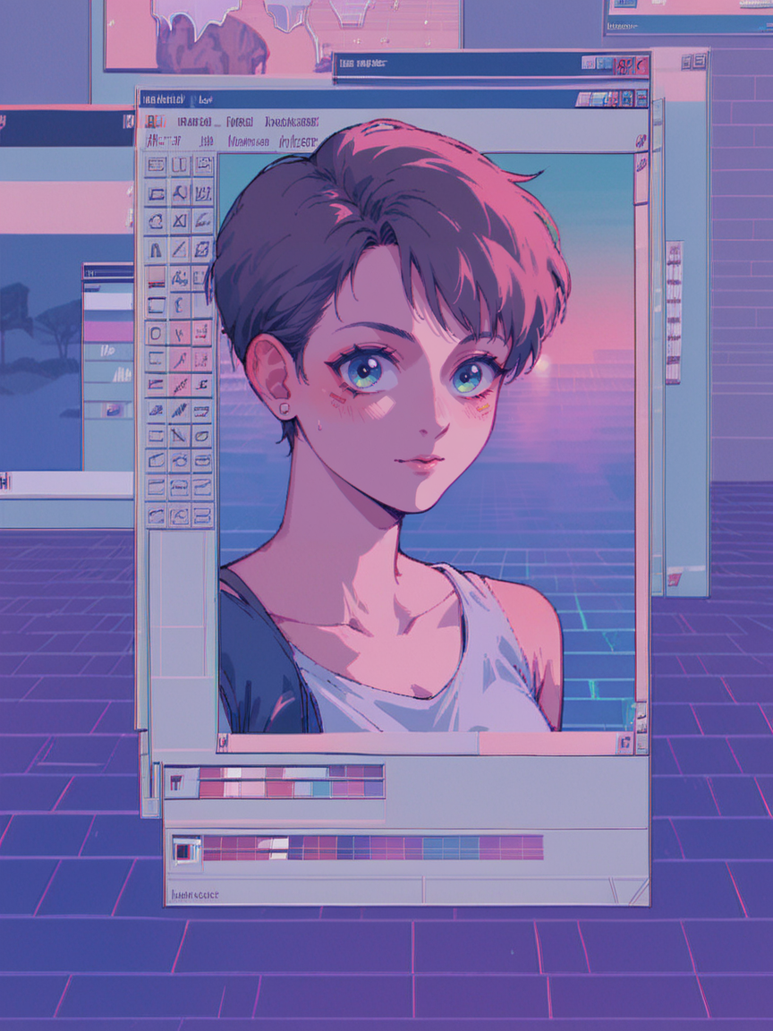 score_9, score_8_up, score_7_up, score_6_up,   <lora:win98XLP:1> win98, fake screenshot, 1990s \(style\), retrowave, 1girl,
